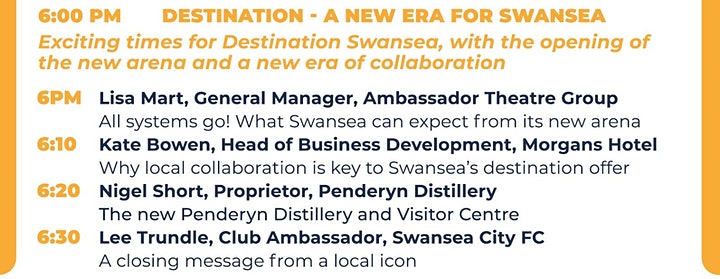 ✨ Only 1 Day To Go ✨

6PM - 7PM 

Join Lisa Mart from <a href="/ArenaSwansea/">Swansea Building Society Arena</a>, Kate Bowen from <a href="/MorgansSwansea/">Morgans Hotel</a>, Nigel Short from <a href="/PenderynWhisky/">Penderyn Distillery</a> and <a href="/LeeTrundle10/">Lee Trundle</a> from <a href="/SwansOfficial/">Swansea City AFC</a>.

They will be discussing #Swansea &amp; how we can all work towards making it  a #destination hot spot!