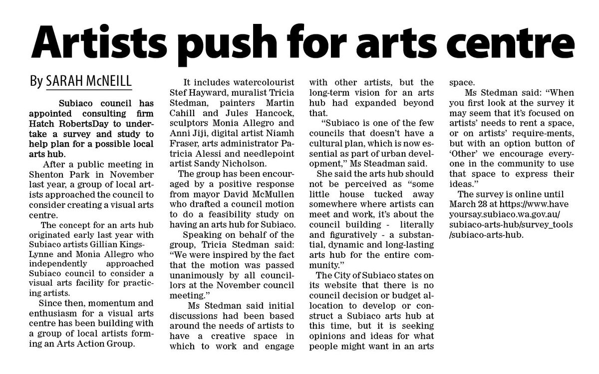 <a href="/HatchRobertsDay/">Hatch RobertsDay</a> have been appointed by the City of Subiaco to investigate the feasibility of establishing an arts hub.
 
We're reaching out to artists and other creatives who might be interested. Register your interest here lnkd.in/g5mr_9Fg 

#greatplaces #cityofsubiaco