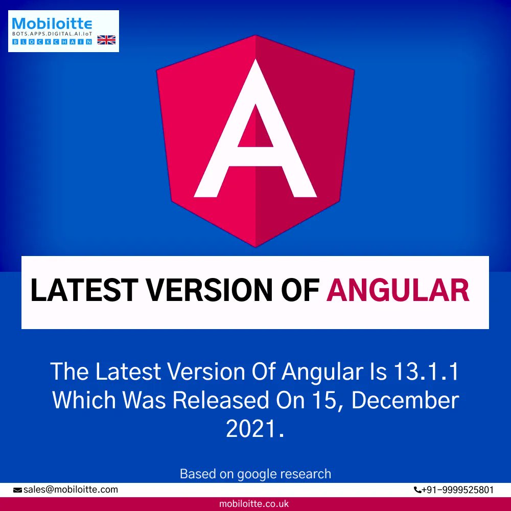 Mobiloitte_UK's tweet photo. Latest Version of Angular
The Latest Version of Angular is 13.1.1 which was released on 15, December 2021.
Know more: https://t.co/7azuHmWsDG
Call/WhatsApp: +91-9999525801
Email: sales@mobiloitte.com
#angular #latest_version #angular13 https://t.co/15M0V9yvXr