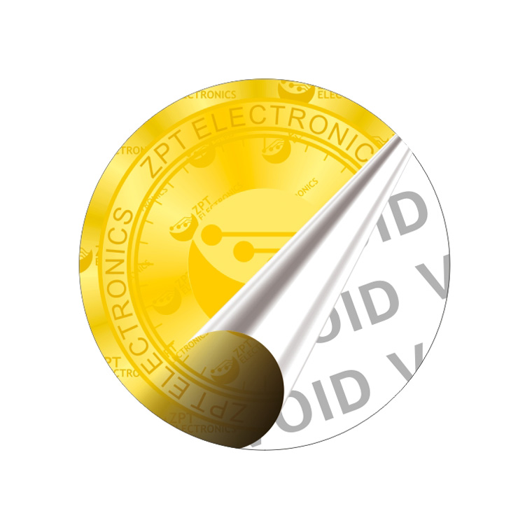 Gold color Void stikcer. 
When remove the logo layer. it leave the void on the second layer
Good design for anti counterfeiting