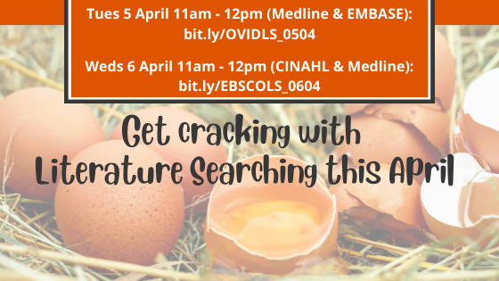 Get cracking with Literature Searching in our upcoming 1 hour Teams skills sessions available to @TeamNUH staff. 

Tues 05/04 Medline &amp; Embase bit.ly/OVIDLS_0504
Weds 06/04 Cinahl &amp; Medline bit.ly/EBSCOLS_0604
