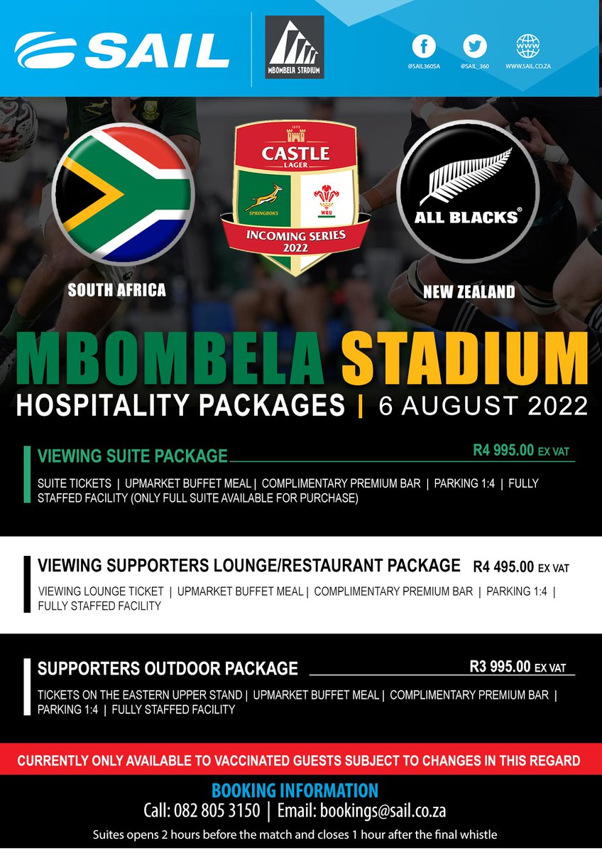 Springboks to play All Blacks at Mbombela Stadium on August 06, 2022.
Book your hospitality today to avoid any disappointment!
#springboks #mbombela #allblacks #boks #bokke #hospitality #vip 
#Sail
#Flooid