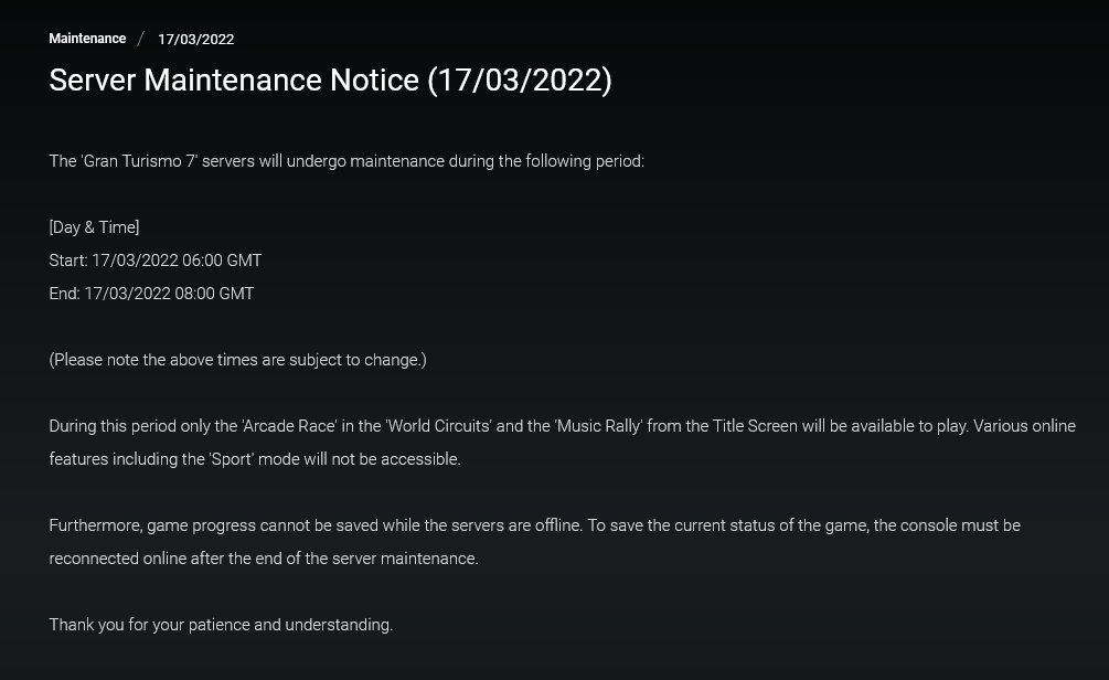 Gran Turismo 7🏁 on Twitter "Server Maintenance Notice (17/03/2022) 