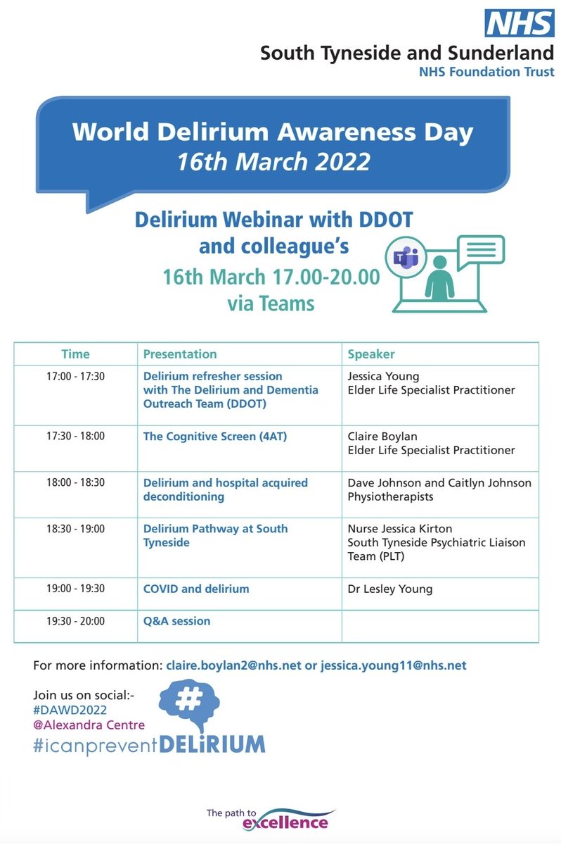 AlexandraCentre's tweet photo. It's #WDAD2022! Join us by putting #delirium Awareness into Action. All staff @STSFTrust are invited to join us this evening by registering for our webinar. Some interesting talks with AHP's, Dr Lesley Young and colleagues from the PLT. @iDelirium_Aware
https://t.co/caO7bOipAK https://t.co/E1gfEzAg2d