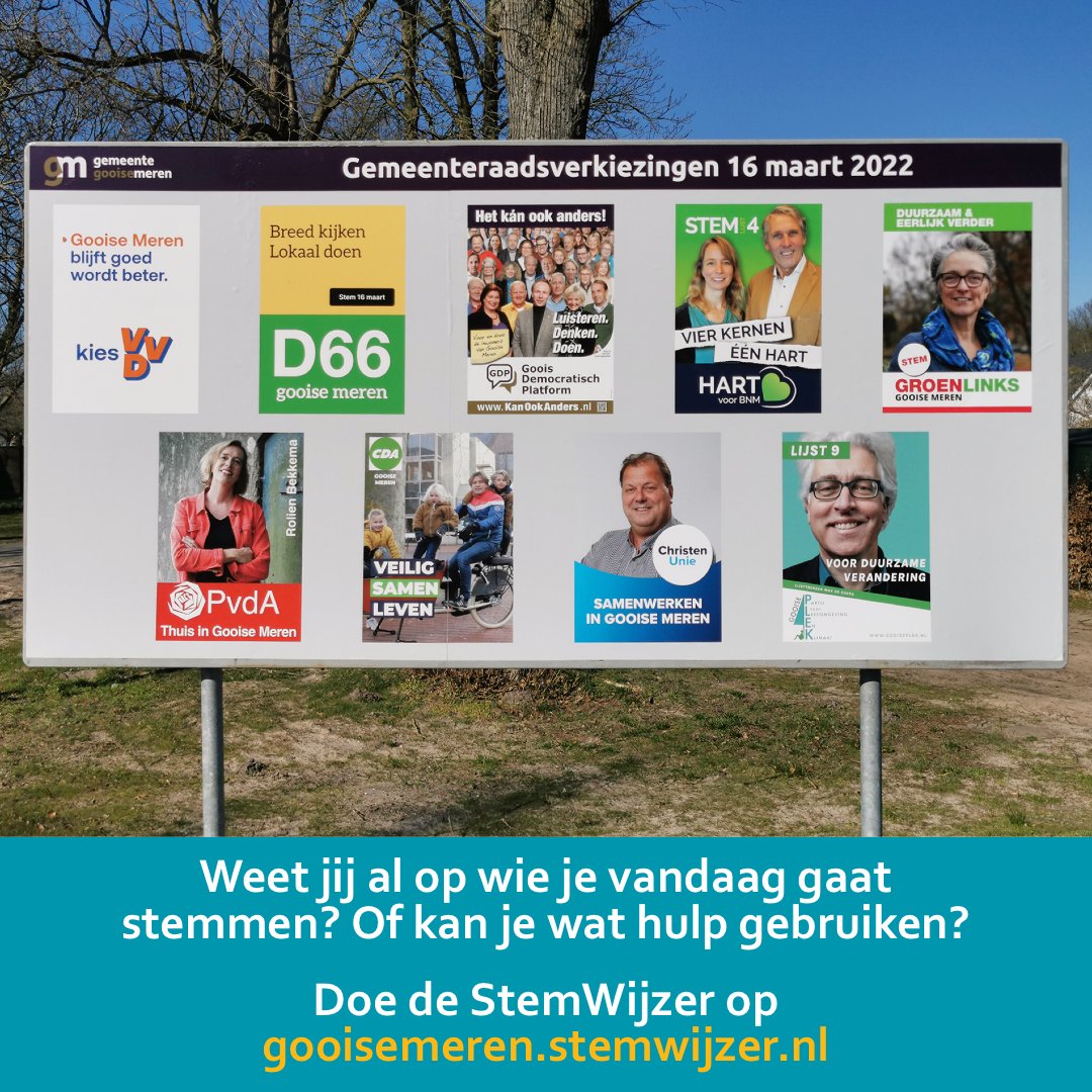 RaadGooiseMeren's tweet photo. Vandaag zijn de gemeenteraadsverkiezingen en mag je stemmen. Als je het al weet ➡️ ga stemmen. Heb je wat hulp nodig bij het bepalen van je stem? Doe dan snel nog even de StemWijzer voor Gooise Meren en bepaal je stem.

Kijk snel! 👉 https://t.co/YfpGYadUYu https://t.co/11QaUvmLa0