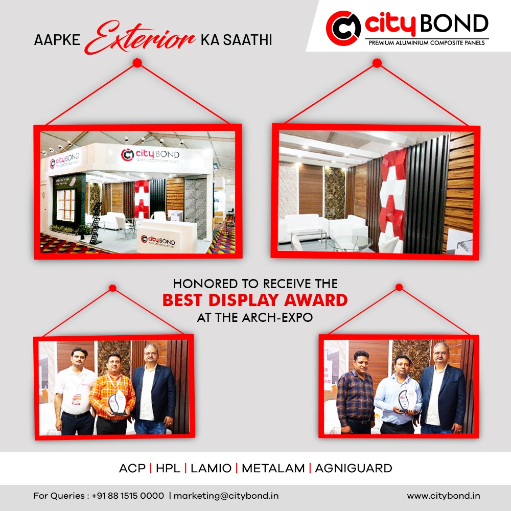 CityBondacp's tweet photo. Elated to receive the BEST DISPLAY AWARD at the Arch Ex Expo!
.
.
#citybond #aapkeexteriorkasaathi #hplsheets #award #ArchEx #Stonefinishacp #exhibitionExpo #Chandigarh #Exteriors #ArchitecturalConstruction #acp #HPL #woodenacp #Interiors  #aluminiumcompositepanel #exhibition https://t.co/I1ySFsC2NX