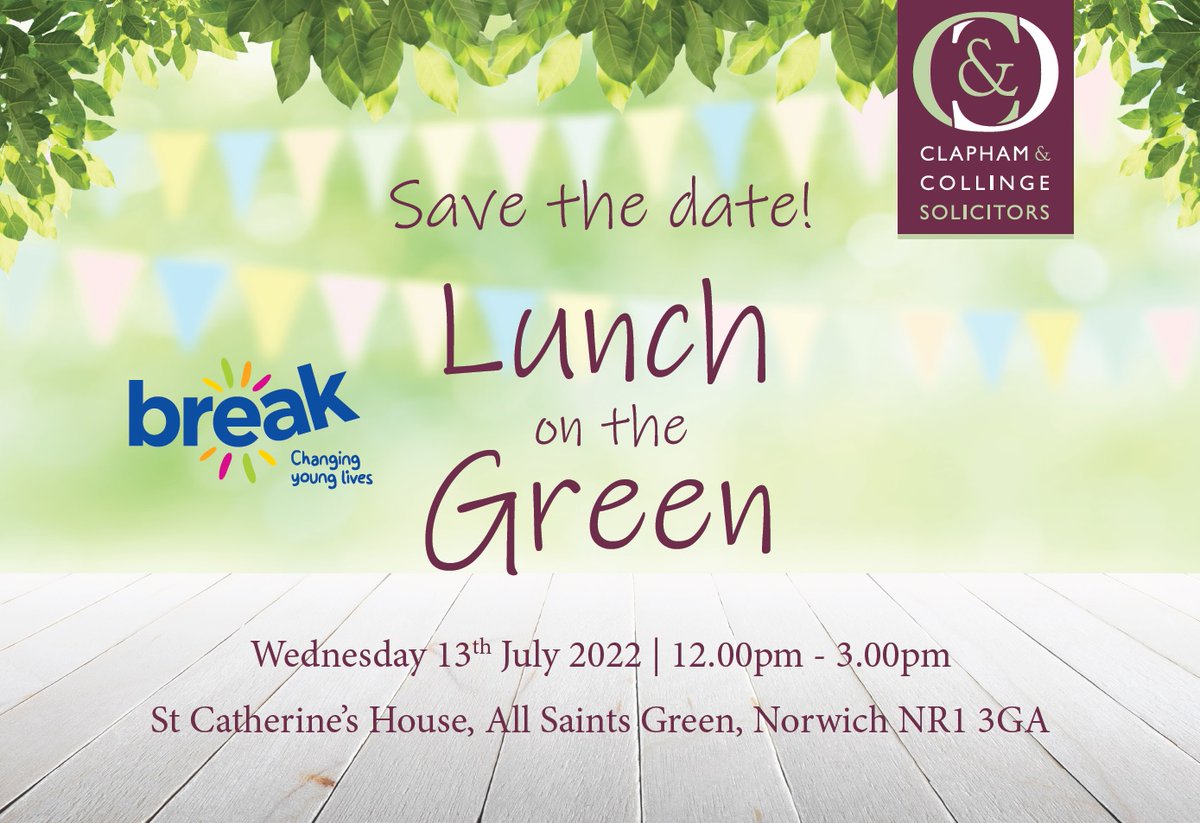 ☀️SAVE THE DATE ☀️

We're delighted to announce this year's Lunch on the Green in support of <a href="/break_charity/">Break</a> will be taking place on Wednesday 13th July 2022.

More details will be released soon, but in the meantime pop the date in your diaries! 🤩

#networking #charity #norwich