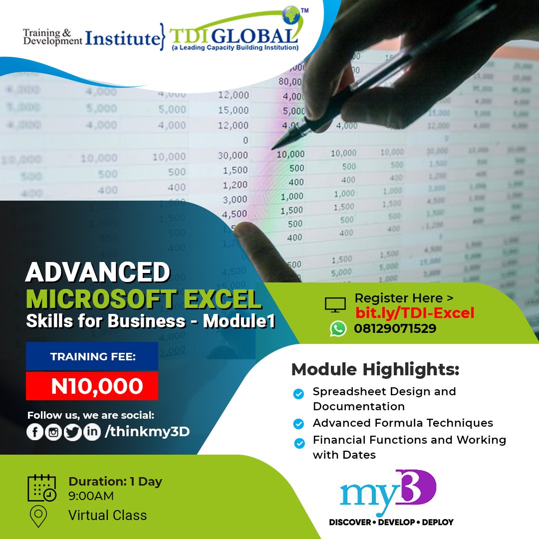 thinkmy3D's tweet photo. Learn how to automate your business processes using MS Excel functions,
Join our training on ADVANCED MICROSOFT EXCEL - Module 1 - to utilize the business intelligence tools in Excel for easy data analysis.
#Career
To get started, click here > https://t.co/yTbC38Kiow https://t.co/V6DkMsjpOk