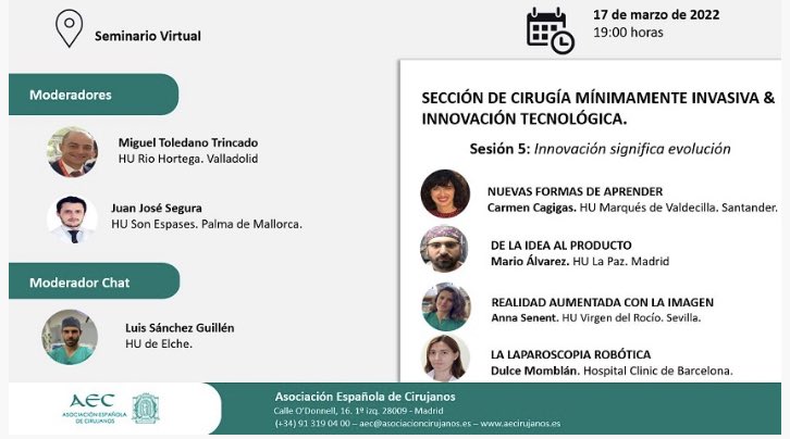aecirujanos's tweet photo. Este jueves 17 de marzo a las 19pm #AulaVirtual #AEC con la sección de #CMI e #Innovaciontecnológica @scmi_itec
▶️ Innovación significa evolución @carmencagigas @DrMarioalvarez @asenentboza @dmomblan
Inscripciones aquí ⬇️
https://t.co/5yVpI4tXMn https://t.co/lHVLxKECzG