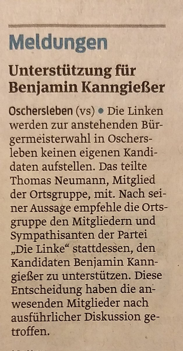 Am 20. März 2022 findet in #Oschersleben die Bürgermeisterwahl statt. Da aus unseren Reihen niemand kandidiert hat, empfehlen wir, am kommenden Sonntag den parteilosen Kandidaten Benjamin #Kanngießer zu wählen, welcher dieses Amt bereits seit 2015 bekleidet. #DieLinkeOC