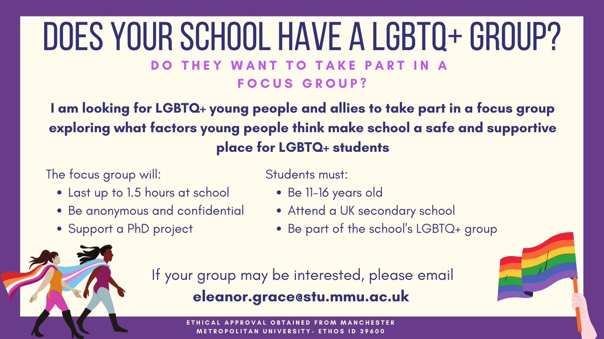 I want to hear young LGBTQ+ people's thoughts about what makes (or could make) school a good place for LGBTQ+ students. Please get in touch! eleanor.grace@stu.mmu.ac.uk