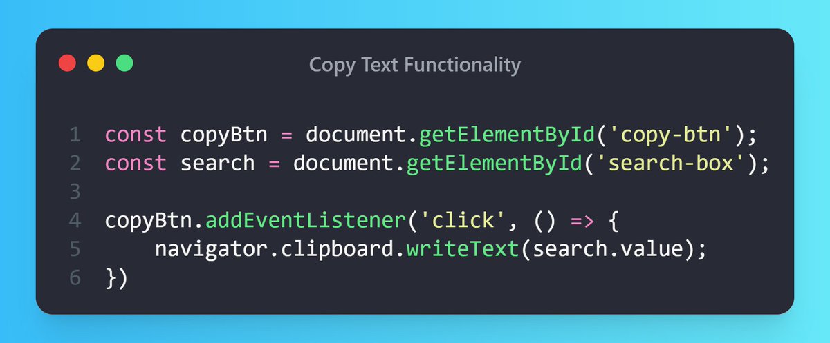 Amit_T18's tweet image. 💡 JavaScript Tip

You can create a 𝗖𝗼𝗽𝘆 𝘁𝗼 𝗖𝗹𝗶𝗽𝗯𝗼𝗮𝗿𝗱 𝗯𝘂𝘁𝘁𝗼𝗻 easily by using the clipboard web API.

Here&apos;s how you can do it 👇