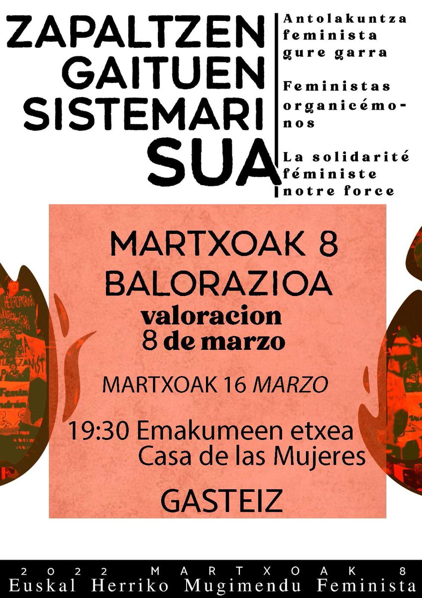 Martxoak 8 eta gero zer?

Balorazioa eta hurrengo pausuak:
📍 Santa Maria kalea, 11
⏰ Martxoak 16, 19:30

Y después del 8M, ¿qué?

Valoración y próximos pasos:
📍 C/ Santa María, 11
⏰ 16 de marzo, 19:30