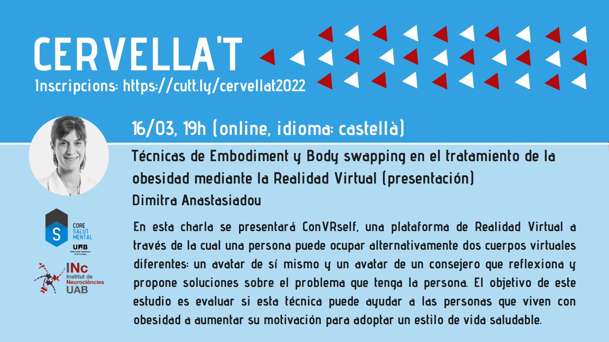 CORESalutMental's tweet photo. Tercera sessió del cicle CERVELLA'T amb @Dimi_Anas de @FPsicologiaUAB i @vallhebron @VHIR_
#Embodyment #BodySwapping #ConRVself #obesidad #RealidadVirtual
Podeu seguir-la ➡️https://t.co/IVwcon8wGu https://t.co/fvkhwtEJa2