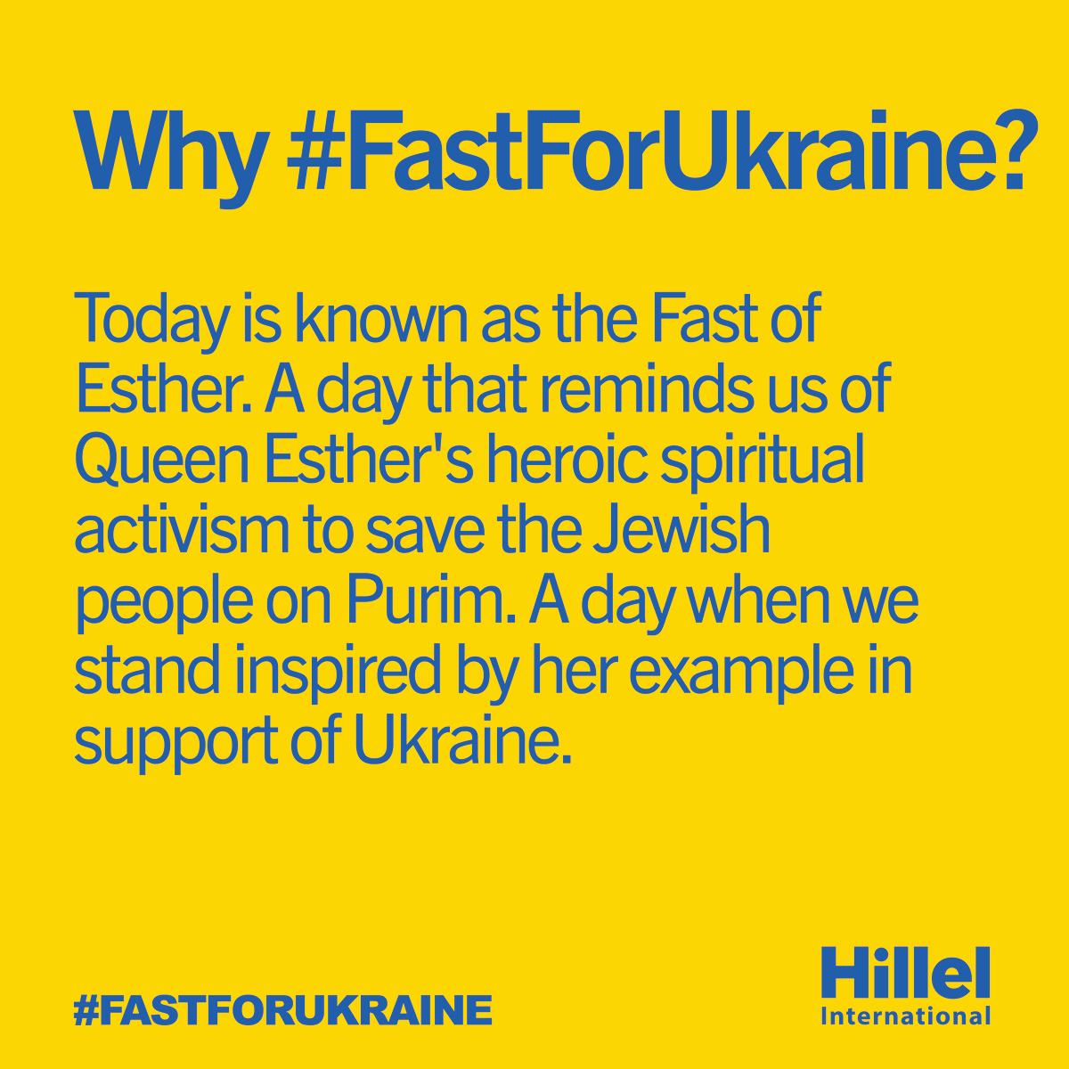 HillelIntl's tweet photo. Today, on the day leading into Purim, we are channeling Queen Esther and taking action in three meaningful ways to support the people of Ukraine.✊

Fast, donate, or share in solidarity with Ukraine–– visit https://t.co/gWMvtUmJh3 to learn more. 

#FastForUkraine https://t.co/QyUkKvi9zS
