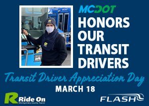 MCDOTNow's tweet photo. Thank your transit driver for getting you to where you need to go! Snap a 📷 of your favorite 🚍 driver, share their name, tag us or @RideOnMCT #RideTheFlash #TransitDriverDay  and you will receive a FREE SmarTrip Card. https://t.co/qtbMyxLlbS