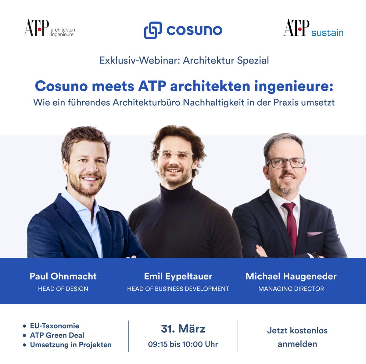 Am 31. März ist es wieder so weit: unsere "Cosuno meets" Webinarreihe geht in die nächste Runde. Dieses Mal mit <a href="/PaulOhnmacht/">paul ohnmacht</a> und Michael Haugeneder von ATP architekten und ingenieure. Zur kostenlosen Ameldung geht es hier: bit.ly/3KMdpq5