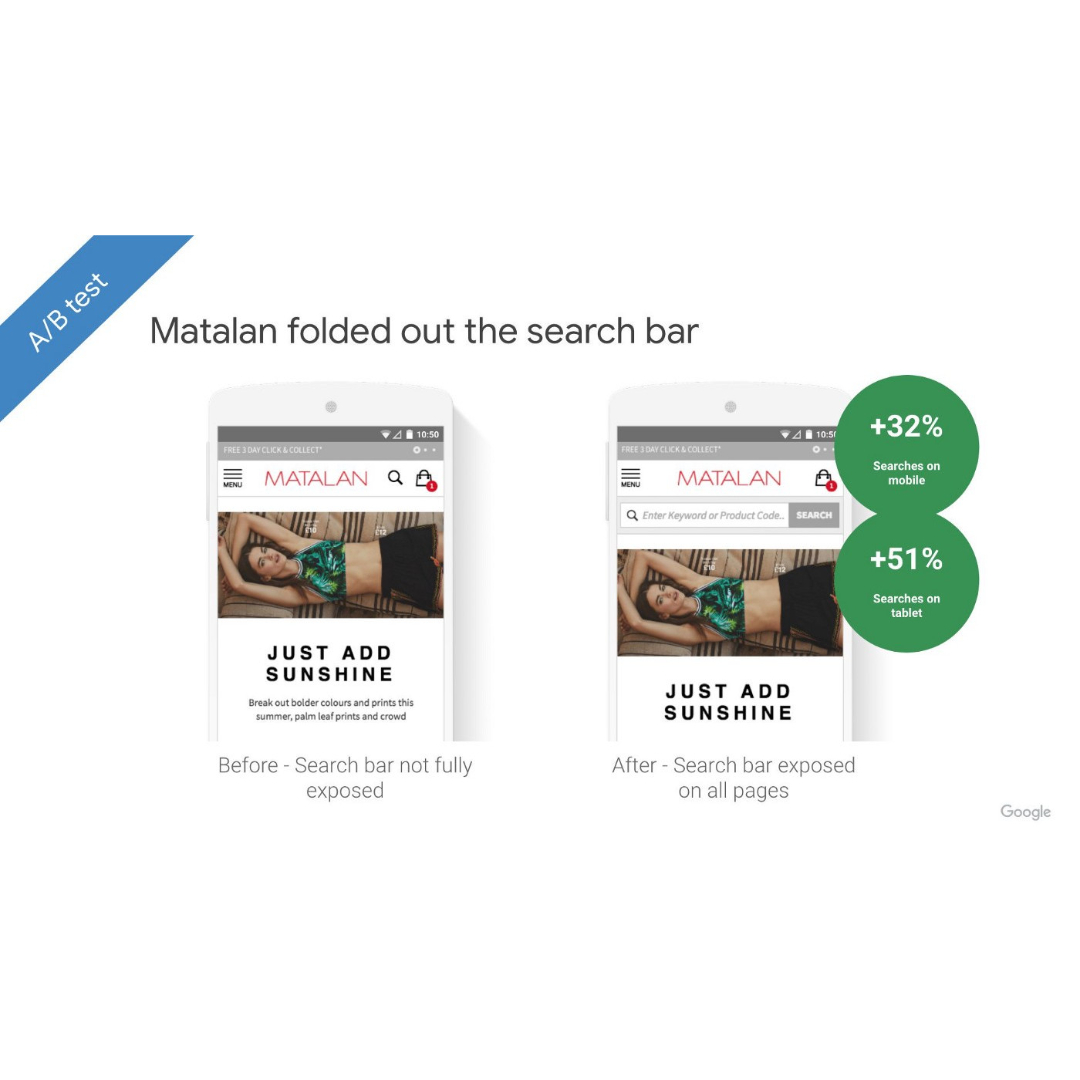 radd_tech's tweet photo. A/B #Testing is the process of conducting tests to see which #UI or #Copy works best at generating #conversions &amp; #searchTraffic. Matalan saw higher #search traffic by using an #interface with a folded out search bar. https://t.co/EQaulbBG0c