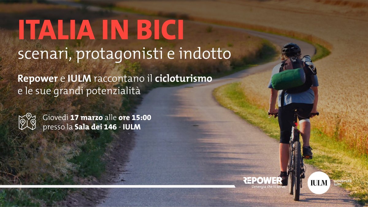 🚲 La presentazione domani per fare il punto sul #cicloturismo, una delle più grandi opportunità per il futuro turistico del Paese. Intervengono: Fabio Bocchiola, AD <a href="/Repower_Italia/">Repower Italia</a>, Gianni Canova, rettore <a href="/uniiulm/">Università IULM</a>, il campione <a href="/Paolo_Bettini/">PaoloBettini</a>, <a href="/SRomenti/">Stefania Romenti</a>, <a href="/marthafriel/">Martha Friel</a> e <a href="/marmaz/">Marco Mazzei</a> 👇