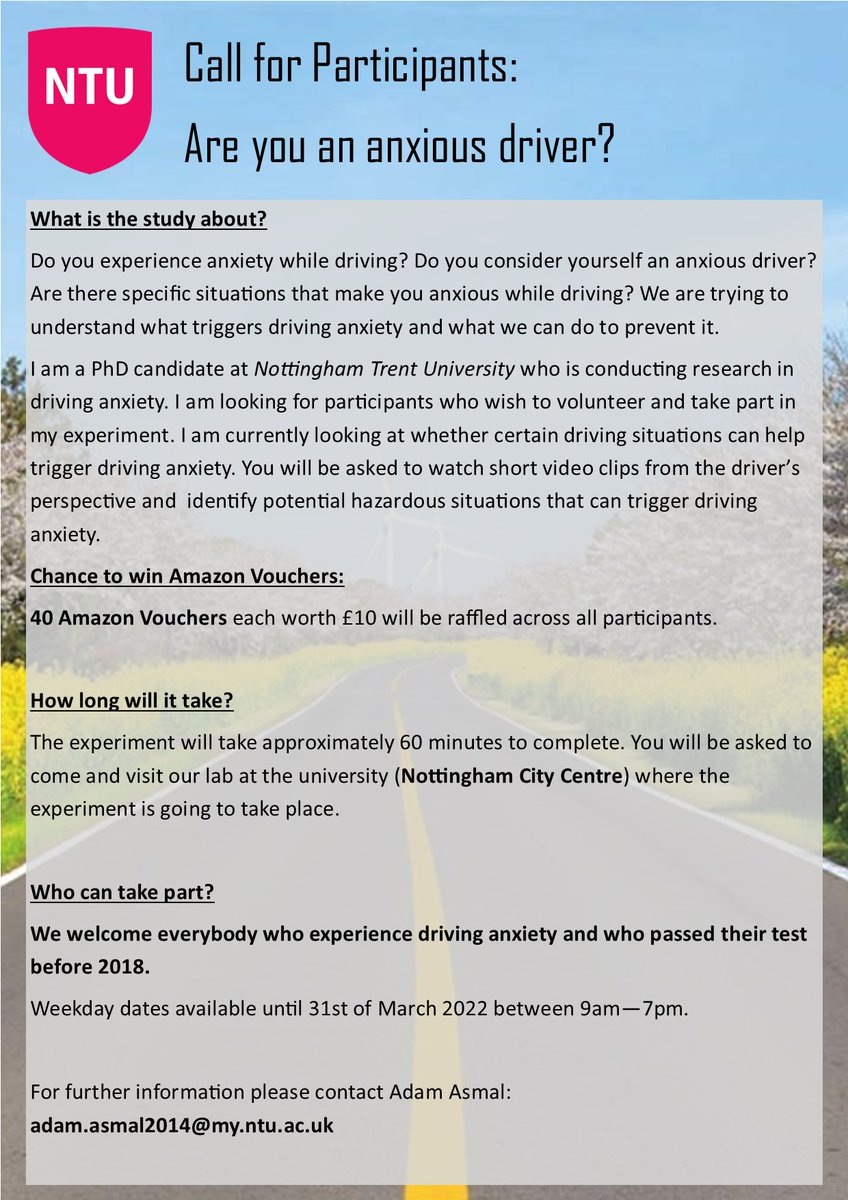 DrAdamAsmal's tweet photo. @VPPetya Thank you very much for the mention @VPPetya! If anyone would like to participate in this type of research please contact me. I am happy to discuss my current study investigating anxious driving situations and  driving skill based at NTU. 

#driving #anxiety #Nottingham #research https://t.co/P2urkt1Pfx