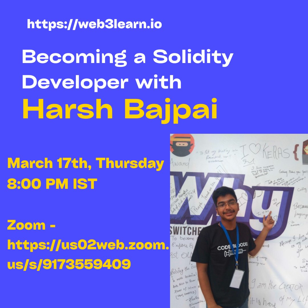 kiransoho's tweet image. Join us on March 17th, Thursday at 8 PM IST to have a tête-à-tête with Harsh Bajpai on
"How to transition to Web 3.0 and become an expert Solidity Developer"
No Registration required and free - us02web.zoom.us/s/9173559409
Block your calendars!
#solidity #soliditydevelopment