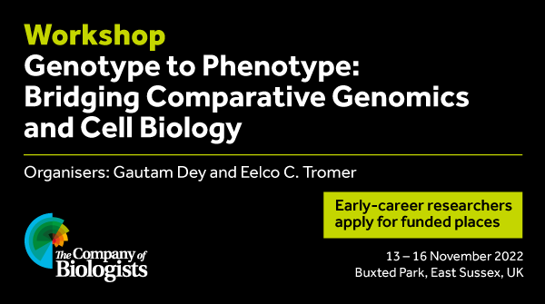 The Company of Biologists (@co_biologists) on Twitter photo Apply for a funded, early-career researcher place at our in-person #BiologistsWorkshops ‘Genotype to Phenotype: Bridging Comparative Genomics and Cell Biology’ organised by Gautam Dey <a href="/Dey_Gautam/">Gautam Dey</a> & Eelco C. Tromer <a href="/EelcoTromer/">Eelco Tromer</a>
Find out more & apply: ow.ly/4t7Y30saL4s Apply for a funded, early-career researcher place at our in-person #BiologistsWorkshops ‘Genotype to Phenotype: Bridging Comparative Genomics and Cell Biology’ organised by Gautam Dey <a href="/Dey_Gautam/">Gautam Dey</a> & Eelco C. Tromer <a href="/EelcoTromer/">Eelco Tromer</a>
Find out more & apply: ow.ly/4t7Y30saL4s