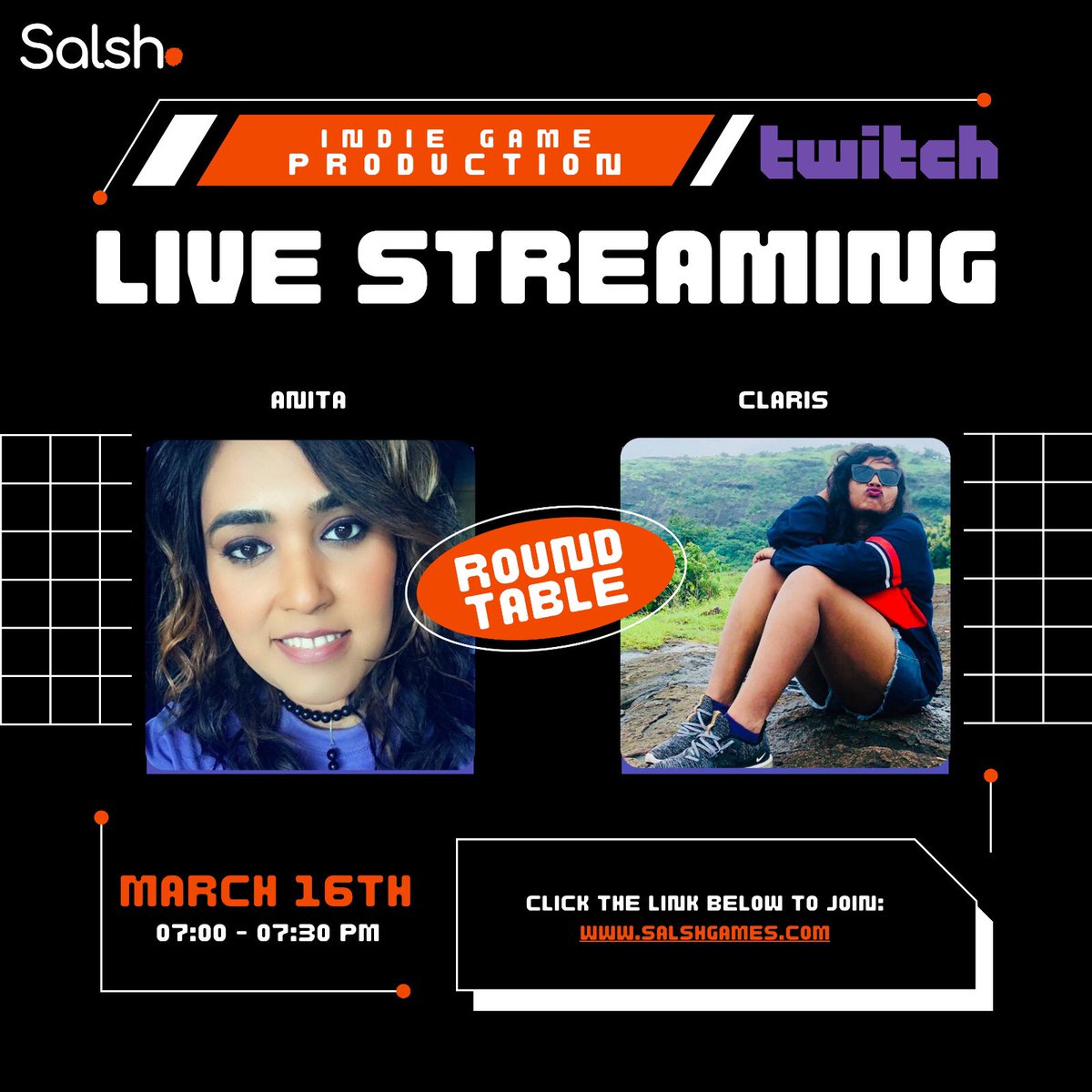 SalshGames's tweet photo. We will be live on twitch today with our CEO, Salsh Games, India along with our Creative Producer, Salsh Games, Pakistan from 7:00PM - 7:30PM. Follow the Link 
https://t.co/1vdkc9RDjz @GamesSalsh https://t.co/rK8QLQCe2U