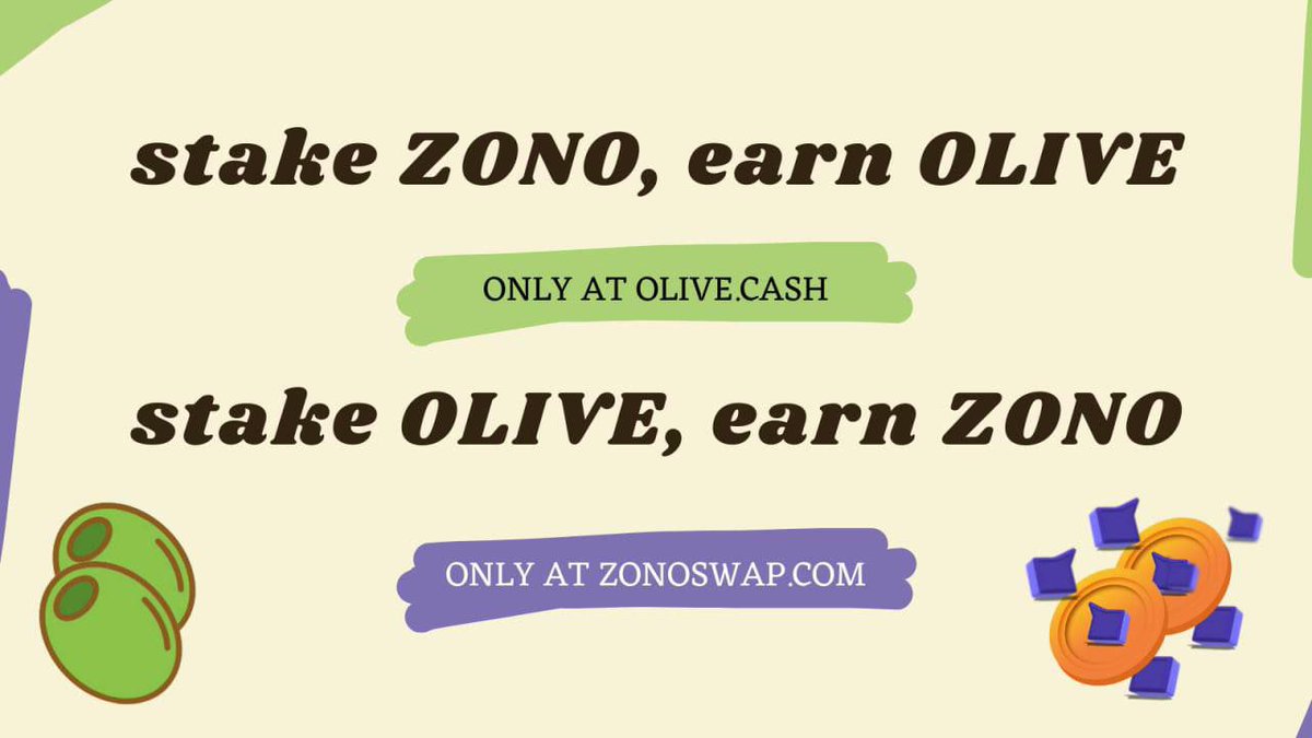 ZonoSwap's tweet photo. 💰🎊💥Much Awaited Partnership with https://t.co/Q4gQhrW0Ei. Zonoswap is pleased to announce our collaboration with OliveCash, which means you will be able to stake your olive’s to earn zono rewards in https://t.co/lm0W3nxjDP. 

Read More here: 👇

https://t.co/JFDW6fGiNd https://t.co/BjbKP8ec2P