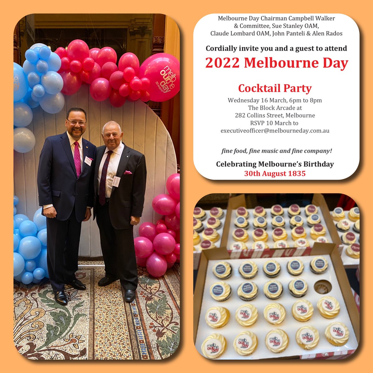 CraigOndarchie's tweet photo. Delighted, after 2 years of lockdowns, to join my friend Claude Lombard &amp; the @MelbourneDay committee tonight at #BlockArcade for the launch of the celebrations for Melbourne Birthday to be held 30th August #LoveMelbourne https://t.co/LSesNTC4HB