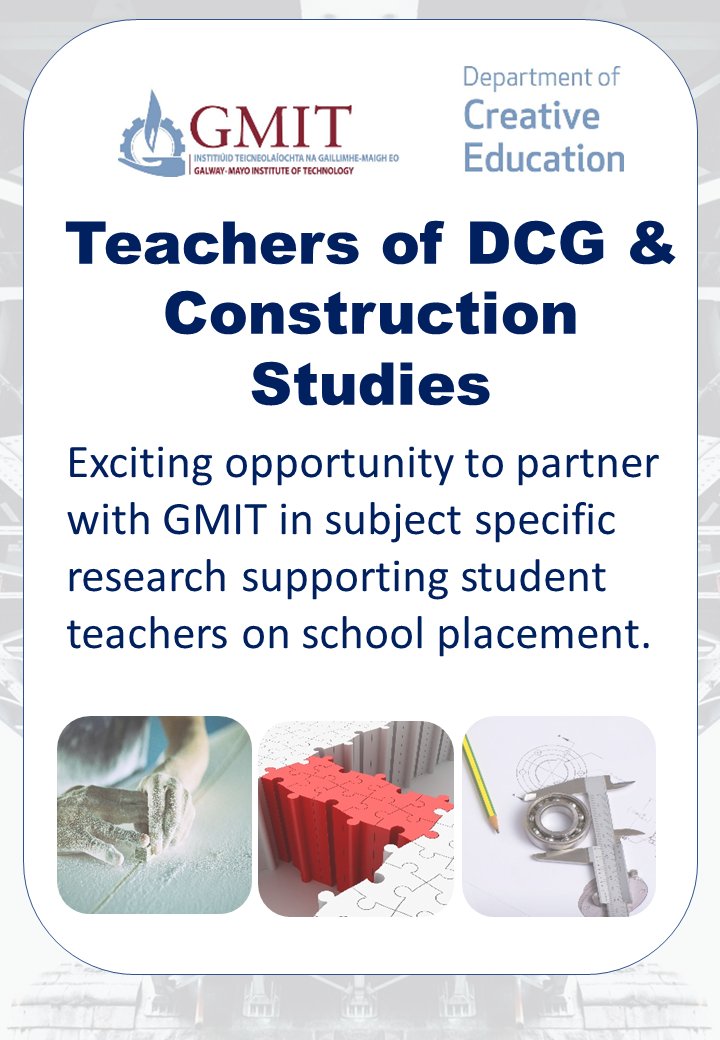 Teachers of DCG &amp; Construction Studies. Exciting opportunity to partner with @GMITofficial in research supporting student teachers engage in action research on school placement. Click for more info galwaymayoinstitute-my.sharepoint.com/:b:/g/personal… #Graphics #WoodTechnology #ResearchOpportunity