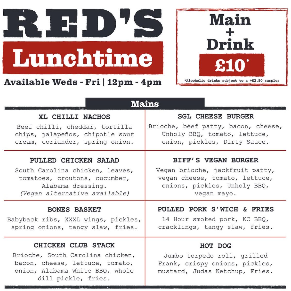 RedsTrueBBQ's tweet photo. Your new favourite lunchtime spot 🤤 🤤 

Main + drink for just £10? #Bargain

#RedsTrueBBQ #BBQLunch #LunchDeal #LunchTime #LunchForLess https://t.co/EkBdHKU8AN
