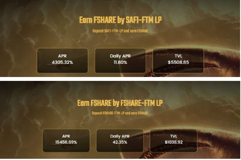 📌 APR TRACKING 
📍 APR with SAFI FTM-LP: 
・Per year: 4305.32% 
・Daily APR: 11.80% 
・Your profit every second equals to: 0.0001% 

📍 APR with FSHARE-FTM LP:  
・Per year: 15456.69% 
・Daily APR: 42,35% 
・Your profit every second equals to: 0.0005%