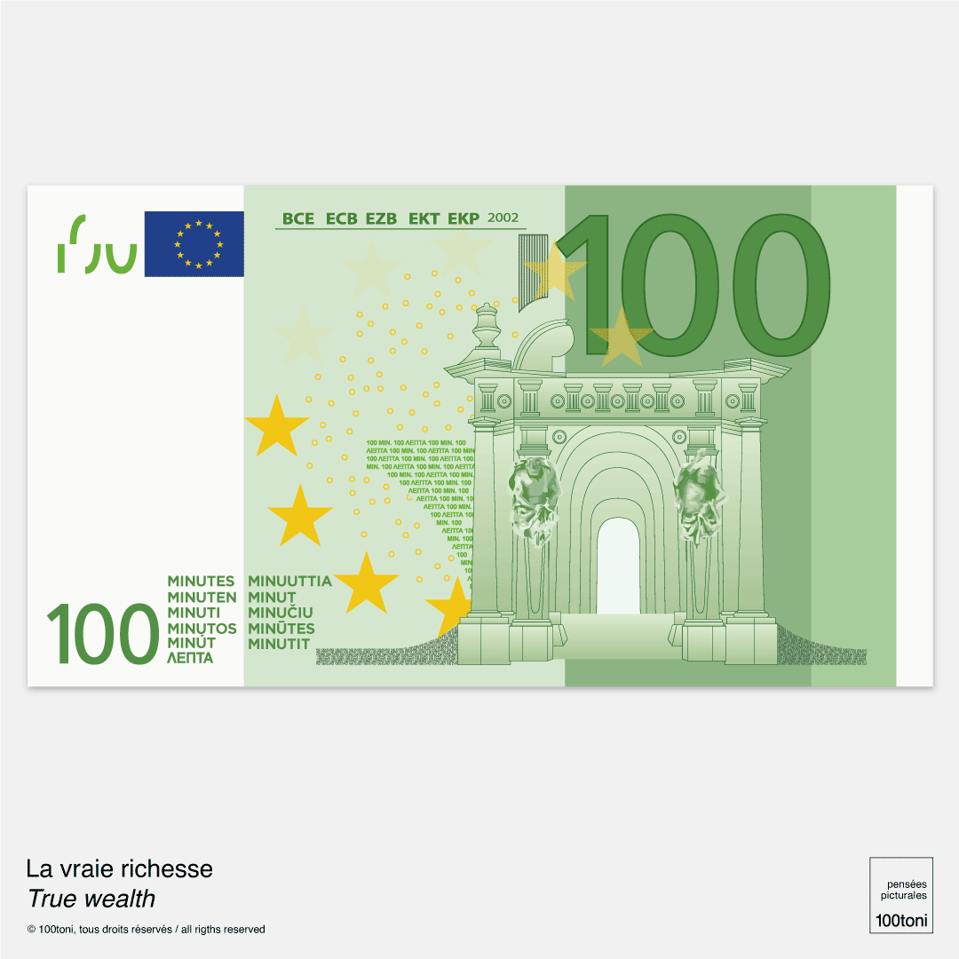 100toni's tweet photo. Oh a 100 bill !

But a 100 what?
100 minutes.

A way to express that true wealth is the time we have.

⏲😍

#richesse #wealth #lavraierichesse #truewealth #billet #banknote #art #penséespicturales #100toni #frenchartist https://t.co/SgxGuosPaX