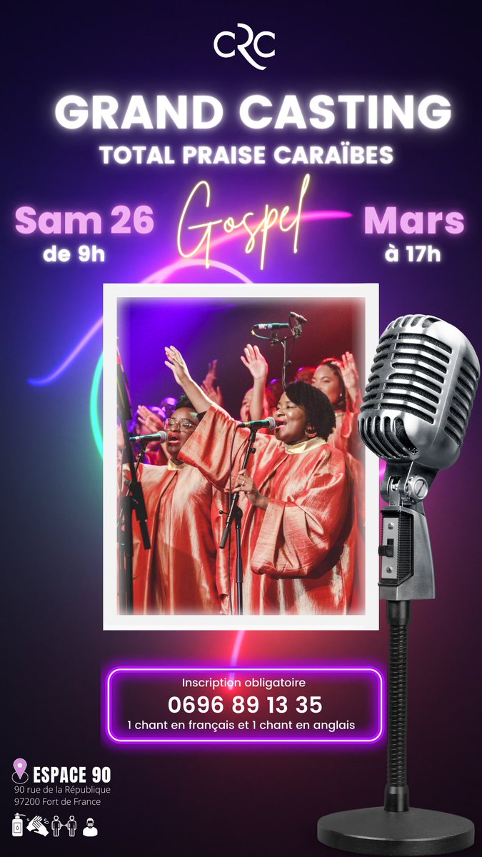 🎙Vous êtes amateur ou professionnel dans le chant et souhaitez intégrer une chorale de gospel ? GRAND CASTING le 𝗦𝗔𝗠 𝟮𝟲 𝗠𝗔𝗥𝗦 𝟮𝟬𝟮𝟮 𝗱𝗲 𝟵𝗛 à 𝟭𝟳𝗛 | à l’Espace 90- 90 rue de la République FdF.Inscription  au +596 696 89 13 35 ou totalpraisecaraibes@gmail.com