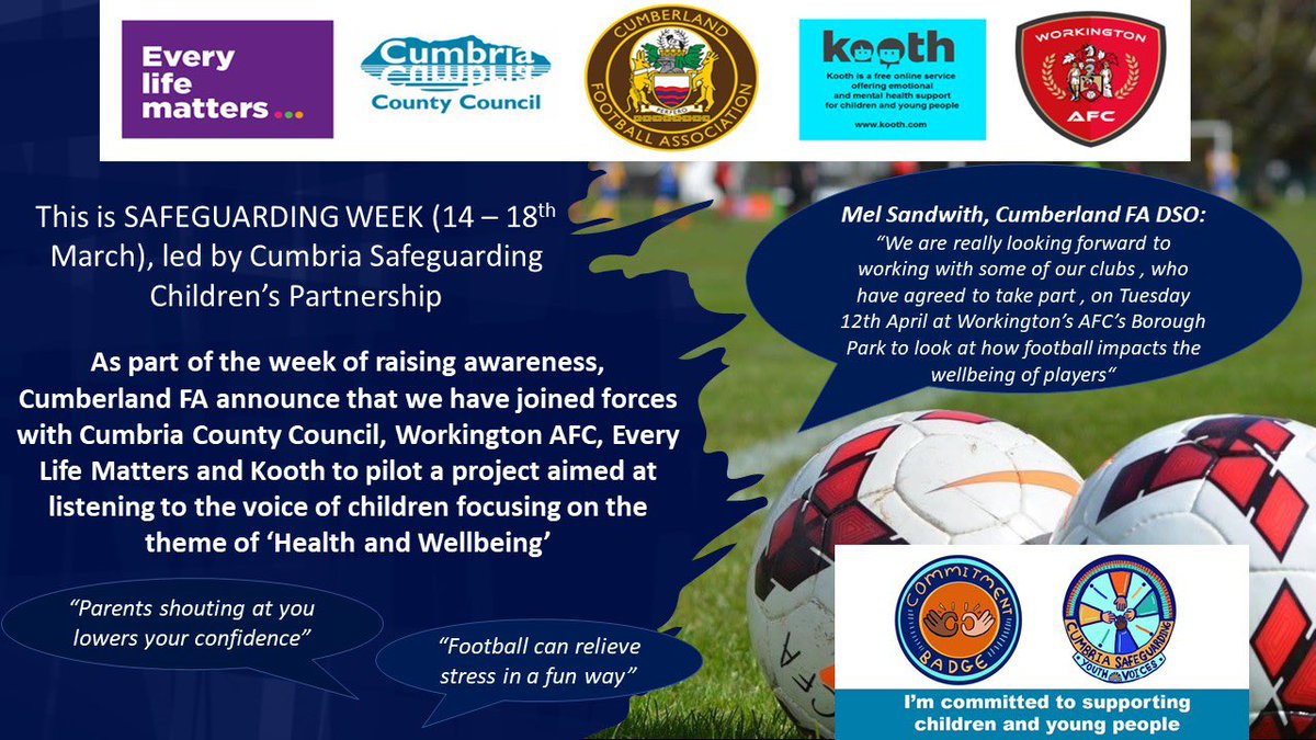 🗣👂🏼| During #SafeguardingWeek we’re delighted to announce a pilot project aimed at listening to the Voice of Children focusing on the theme ‘Health and Wellbeing’

🤝In partnership with Cumbria County Council, Workington AFC, Every Life Matters &amp; Kooth