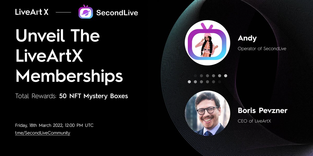 🥰We are happy that <a href="/LiveArtX/">LiveArt</a> #AMA will land in #SecondLive official telegram group.

🗓12:00 PM UTC, 18th. Mar
🎁50 LiveArtX Membership NFT Blind Boxes
👉Join us: t.me/SecondLiveComm…
📝leave question: forms.gle/4EfT14psPXLioD…

<a href="/news_of_bsc/">bsc</a> <a href="/bsc_daily/">BSCDaily</a> <a href="/BscProjectOrg/">BNB Project</a> <a href="/BNBCHAIN/">BNB Chain</a>
