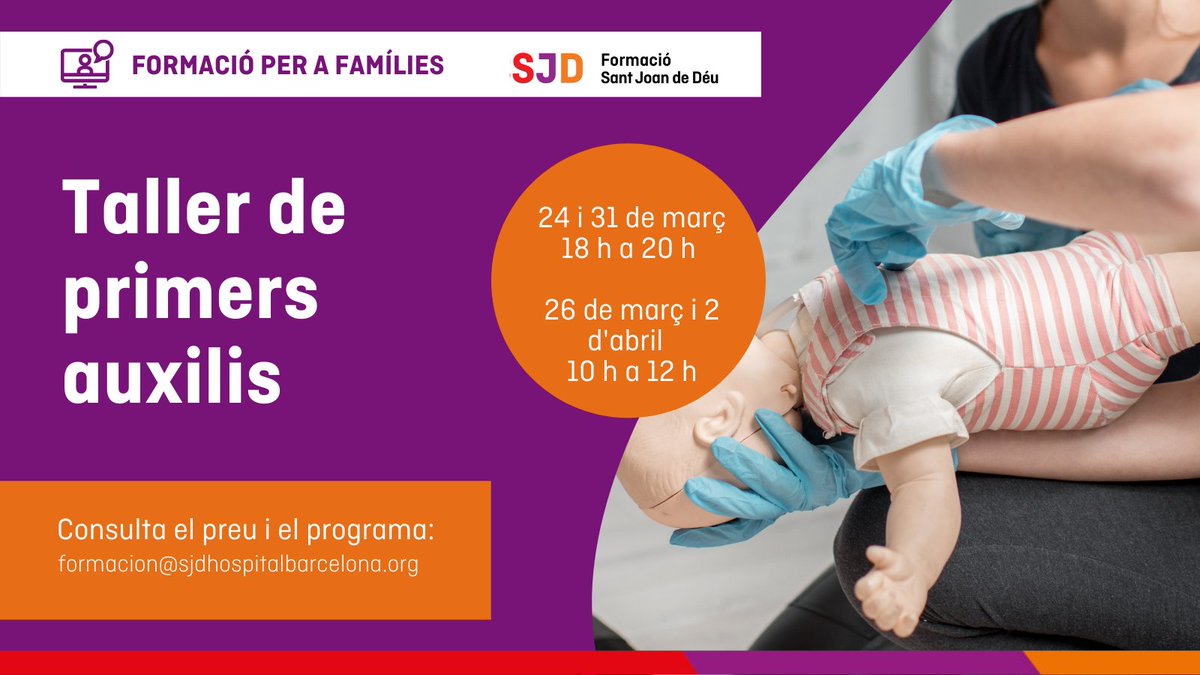 ☝️ Apunta't als tallers de primers auxilis: 

🗓️ 24 i 31 de març, de 18 h a 20 h bit.ly/sjd-primeros-a…
🗓️ 26 de març 2 d'abril, de 10 h a 12 h bit.ly/sjd-primeros-a… 

👉 Consulteu el programa i el preu a la web de <a href="/SJDFormacion/">SJD Formación</a>