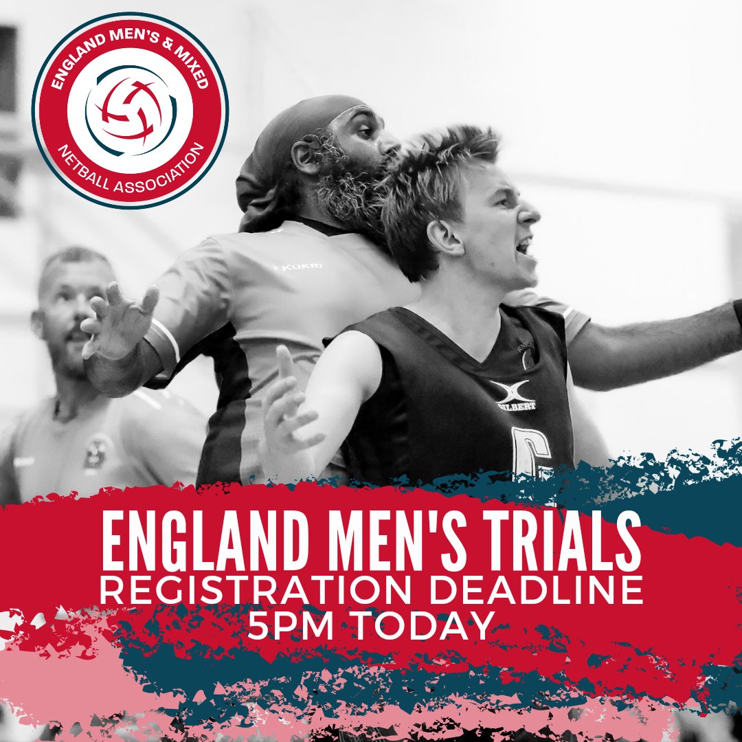 DEADLINE FOR REGISTRATION 5PM TODAY!

If you haven't received your trial number, you aren't registered.

Don't miss your opportunity to trial for the England Mens Team.