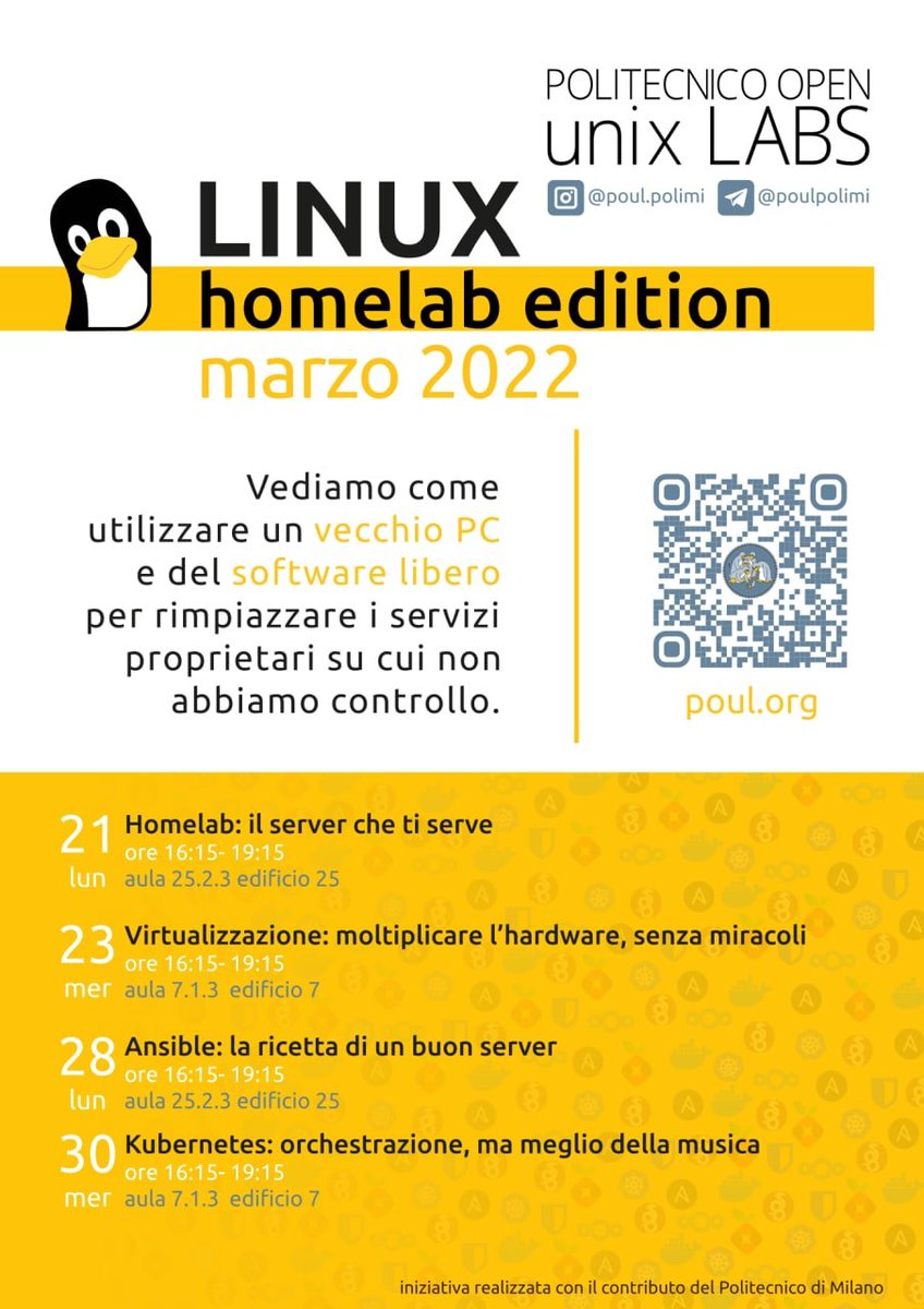 poul_polimi's tweet photo. Corso Linux: Homelab edition!
Quattro giornate di approfondimento sull'homelab in generale, virtualizzazione, Ansible, Kubernetes e altro!

Maggiori info sul sito: https://t.co/lq0jpJg5GL https://t.co/YRXwyanysu