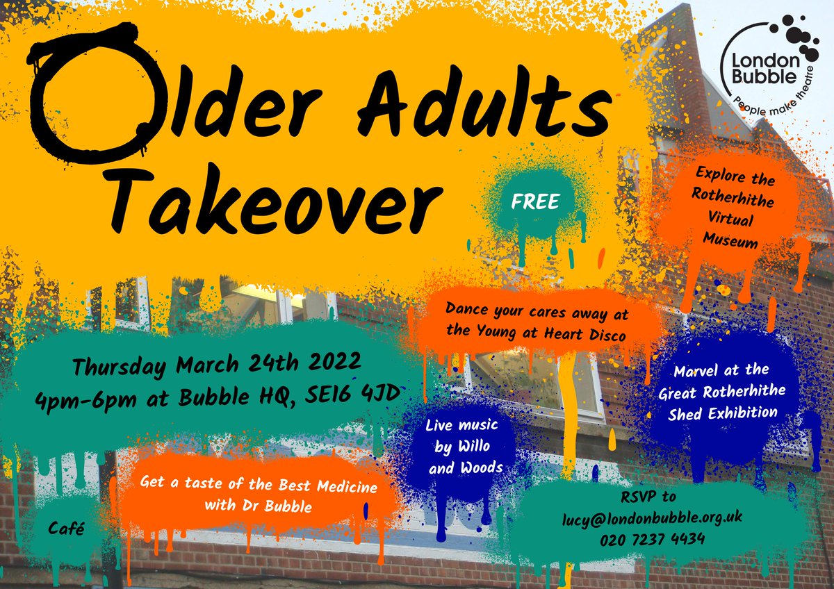 LBubble's tweet photo. #BubbleEVENT Our Older Adults are taking over Bubble HQ! There’ll be dancing, performances, exhibitions and, of course, refreshments as our older adults groups nudge us aside and take the reins! Will the building ever be the same again?! https://t.co/Gih820Hr7t #PeopleMakeTheatre https://t.co/elID6JWzPI