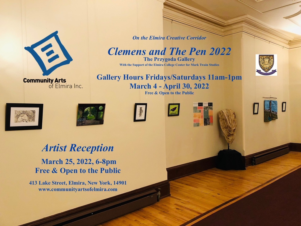 TheARTS's tweet photo. "Clemens and The Pen" will be on view at Community Arts of Elmira through 3/30. Artist Reception on 3/25, 6 - 8PM, gallery hours are Fri. &amp; Sat. 11AM - 1PM.

To find out more, visit https://t.co/O8V8nUeSgm
@MarktheMammoth @chemungchamber  @TwainCountryNY #MarkTwain https://t.co/Bz9IinmweI