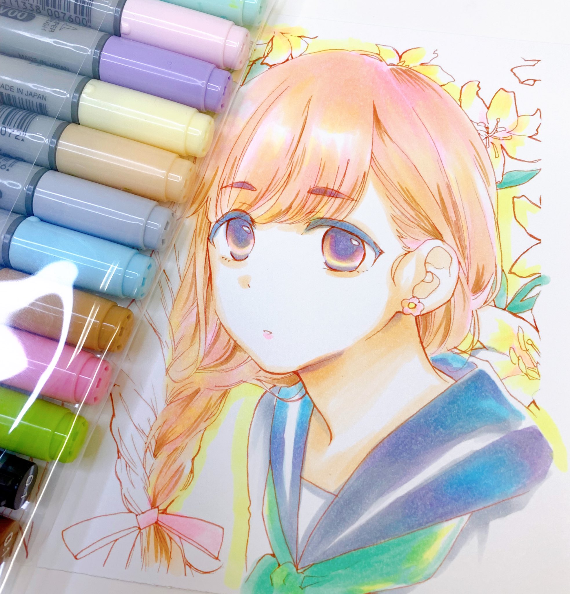 コピック公式 コピックアワード22開催 コピック初心者さんにおすすめの コピックデビューセットだけで塗りました 皆さまの初めて手にしたコピックセットは何でしたか 薄い鮮やかピンクのrv10と 肌にも使用しているe00を混色すると優しいオレンジ色