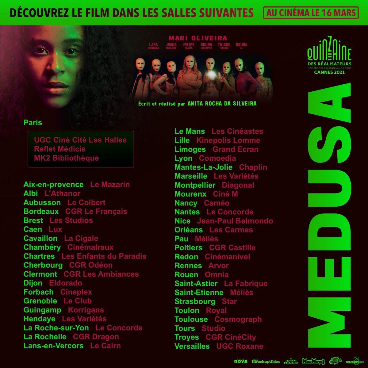 🐍 #MEDUSA JOUR J 🐍
<a href="/CMourenx/">Cinéma Mourenx</a> <a href="/CameoNancy/">Caméo Officiel Nancy</a> <a href="/CinemaConcorde/">Le Concorde Nantes</a> @cine_lescarmes <a href="/Melies_Pau/">Cinéma Le Méliès Pau</a> <a href="/CGR_Castille/">CGR Poitiers Castille</a> <a href="/CineManivel/">Ciné Manivel</a> <a href="/Cinema_ARVOR/">Cinéma ARVOR 🎬</a> <a href="/OmniaRep/">Omnia Republique Rouen</a> <a href="/Le_Melies/">Cinéma Le Méliès</a> @Am_Cosmograph