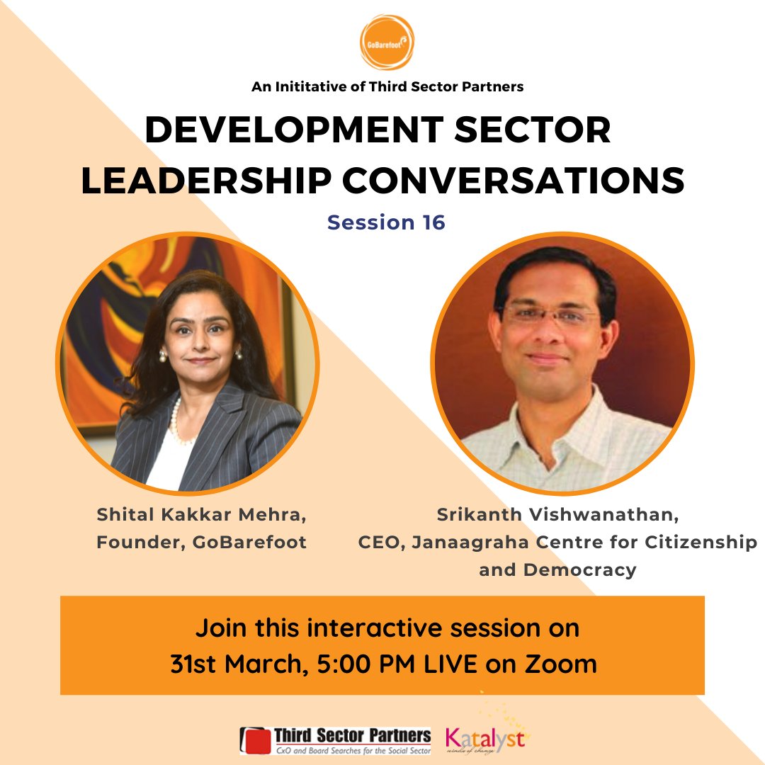 ThirdSectorPart's tweet photo. Join us on 31st March, 5:00 pm LIVE on Zoom for "Leadership Conversations in the Development Sector" with CEO @Janaagraha1
 Srikanth Vishwanathan!

Register here - https://t.co/LA5J0mEaO2

@ShitalKMehra
 @ThirdSectorPart
 @gobarefoot_co https://t.co/qSyJg9bEYB