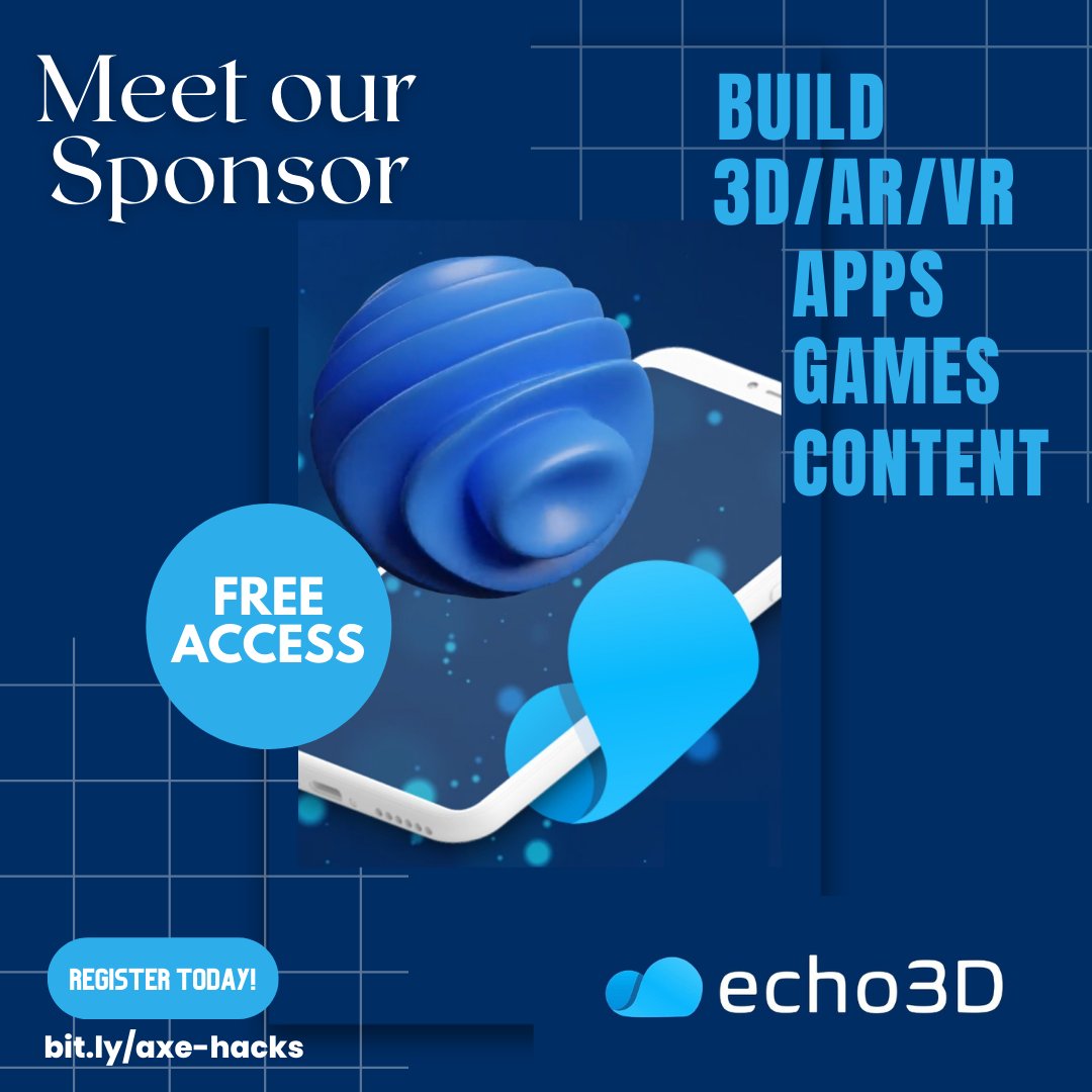 axe_hacks's tweet image. 👑 Meet an Axe Hacks Gold Sponsor, @_echo3D_! Learn more: linkedin.com/posts/axe-hack…
#AxeHacks #Gold #Sponsor #echo3D #3D #AR #VR #FreeAccess #ChanceToWin #BuildSomething #Explore #JoinUs