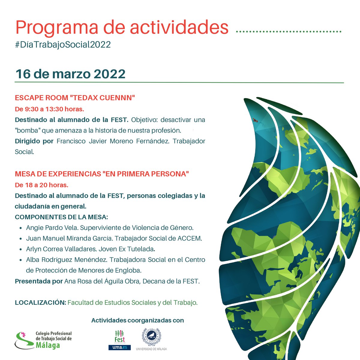 FEST_UMA's tweet photo. Hoy seguimos con las actividades con motivo del #DiaTrabajoSocial2022.
Ya se está desarrollando en nuestro centro un Escape Room y a las 18:00h estáis tod@s invitad@s a la Mesa Experiencias "En Primera Persona"
#MeDedicoATi https://t.co/GmdDDIWXjj
