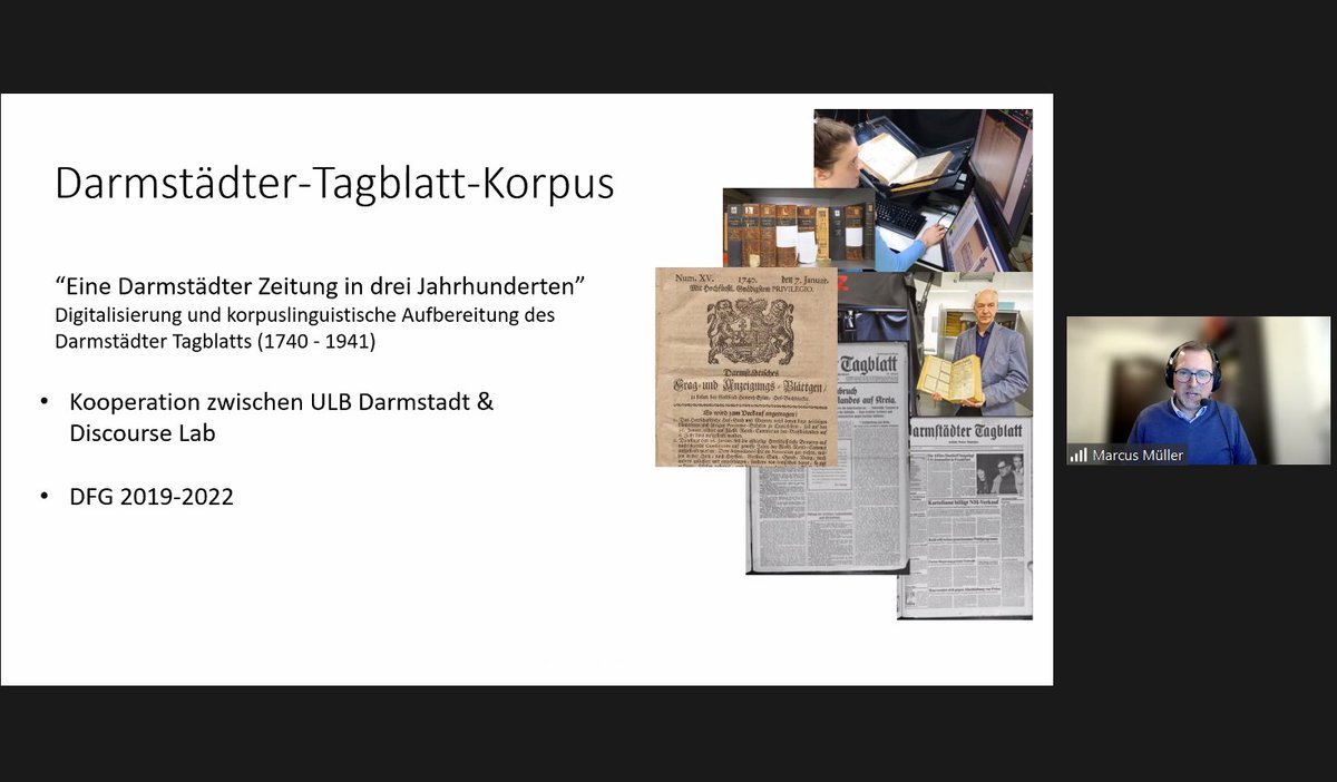 IDS_Mannheim's tweet photo. #IDSJT22 Marcus Müller (@marcus_dislab, @TUDarmstadt, @linglitTUDA) stellt die Lehr- und Forschungsplattform Discourse Lab &amp; 3 Korpusprojekte vor: das Darmstädter-Tagblatt-Korpus, Plenarprotokolle des Deutschen Bundestages &amp; die Projektkorpora "Kontroverse Diskurse" @dfg_public https://t.co/1cxohVSpy2