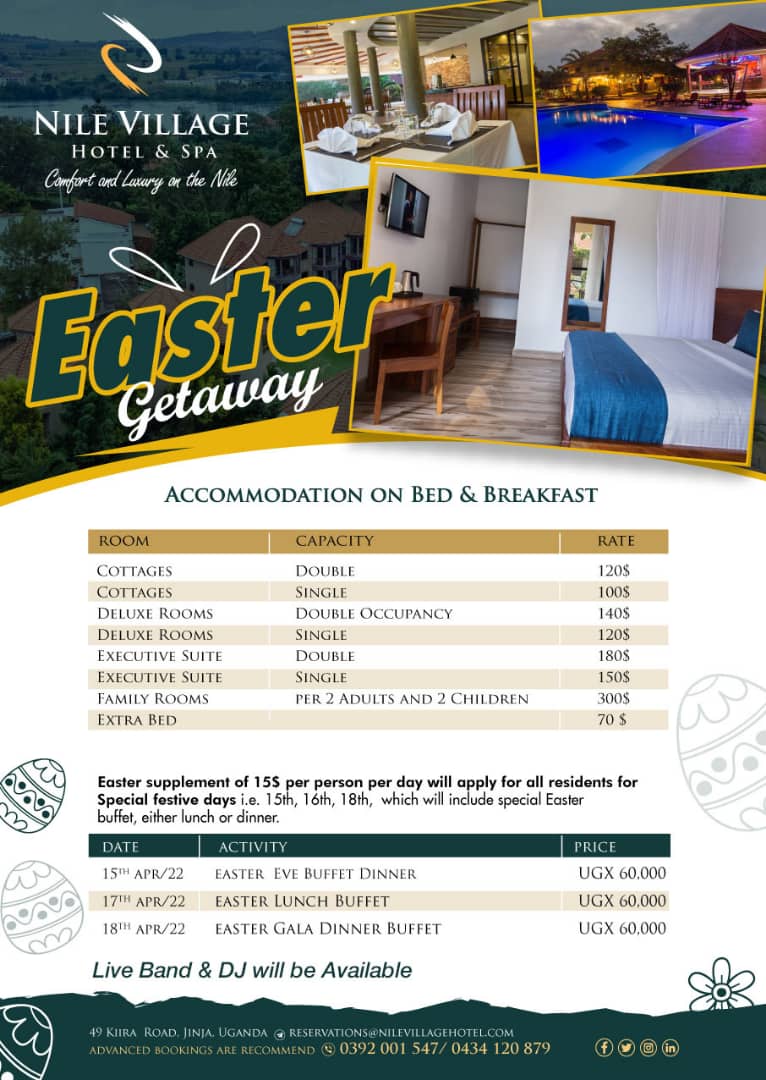 Nile Village Hotel & Spa (@nilevillageug) on Twitter photo Easter is meant to be a symbol of hope, renewal and new life. we have the perfect gate-away with comfort on the Nile.
Hit us up for your quick booking.
@UTAuganda <a href="/DouglasLwangaUg/">Douglas Lwanga</a> <a href="/mtnug/">MTN Uganda</a> <a href="/TourismBoardUg/">Uganda Tourism Board</a> <a href="/SheilahGashumba/">Sheilah C Gashumba</a> Easter is meant to be a symbol of hope, renewal and new life. we have the perfect gate-away with comfort on the Nile.
Hit us up for your quick booking.
@UTAuganda <a href="/DouglasLwangaUg/">Douglas Lwanga</a> <a href="/mtnug/">MTN Uganda</a> <a href="/TourismBoardUg/">Uganda Tourism Board</a> <a href="/SheilahGashumba/">Sheilah C Gashumba</a>