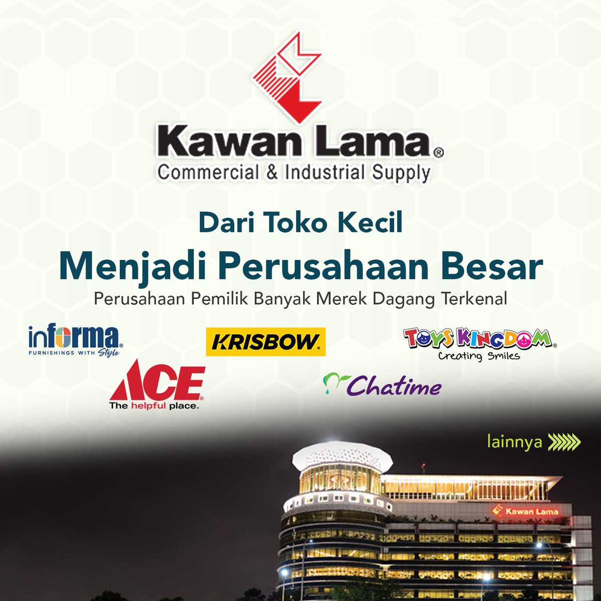 PatenkuId's tweet photo. Kawan Lama merupakan perusahaan yang telah lama berdiri di Indonesia. Tidak seperti kebanyakan perusahaan besar lainnya yang fokus pada satu sektor, Kawan Lama bergerak pada banyak sektor. 

#haribumi #motogp #mandalika https://t.co/mQSmdYq9nY