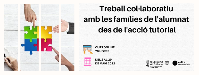 CEFIREambitINC's tweet photo. 📣Oberta inscripció per al curs "Treball col·laboratiu amb les famílies de l’alumnat des de l’acció tutorial"

➡️ Per a tot el professorat independentment de la seua especialitat i etapa.

📆Del 2 al 29 de maig 2022
💻 Curs a distància de 20 hores

🔗https://t.co/2qDfc5qEeP https://t.co/C8fGSwV0f3